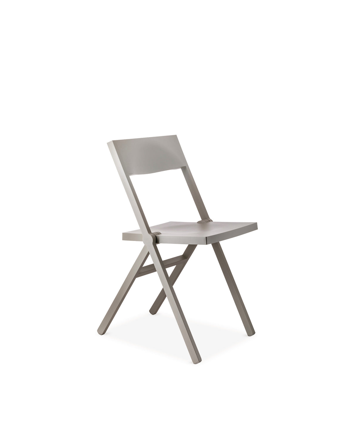 Light grey folding chair by Alessi, with a minimalist design, shown open at an angle.