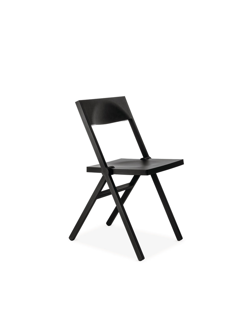 Matte black folding chair by Alessi, with a sleek, minimalist design in an angled view.