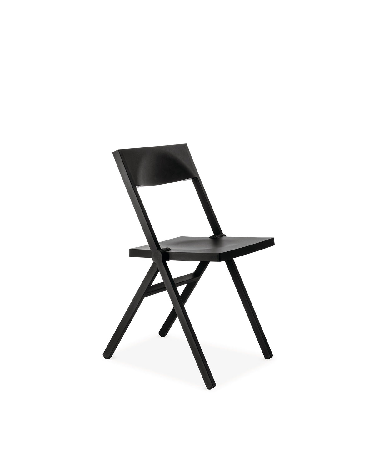 Matte black folding chair by Alessi, with a sleek, minimalist design in an angled view.