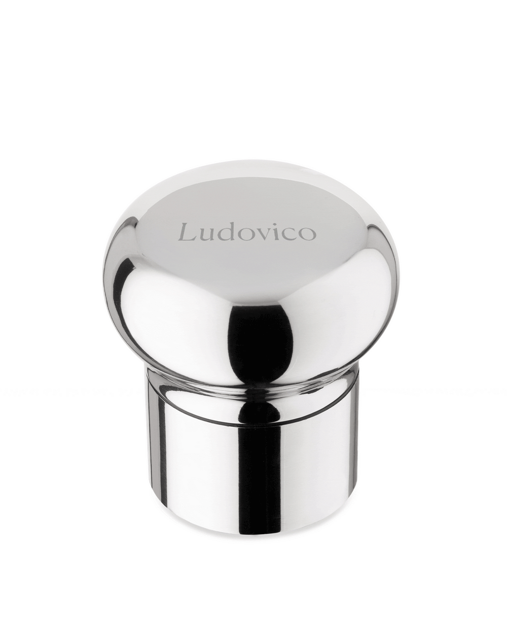 Silver polished metal bottle stopper by Alessi engraved with 'Ludovico' on its domed top.