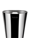 Chrome wine cooler by Alessi with a tapered design, cutout handle, and 'Nicholas' engraved.