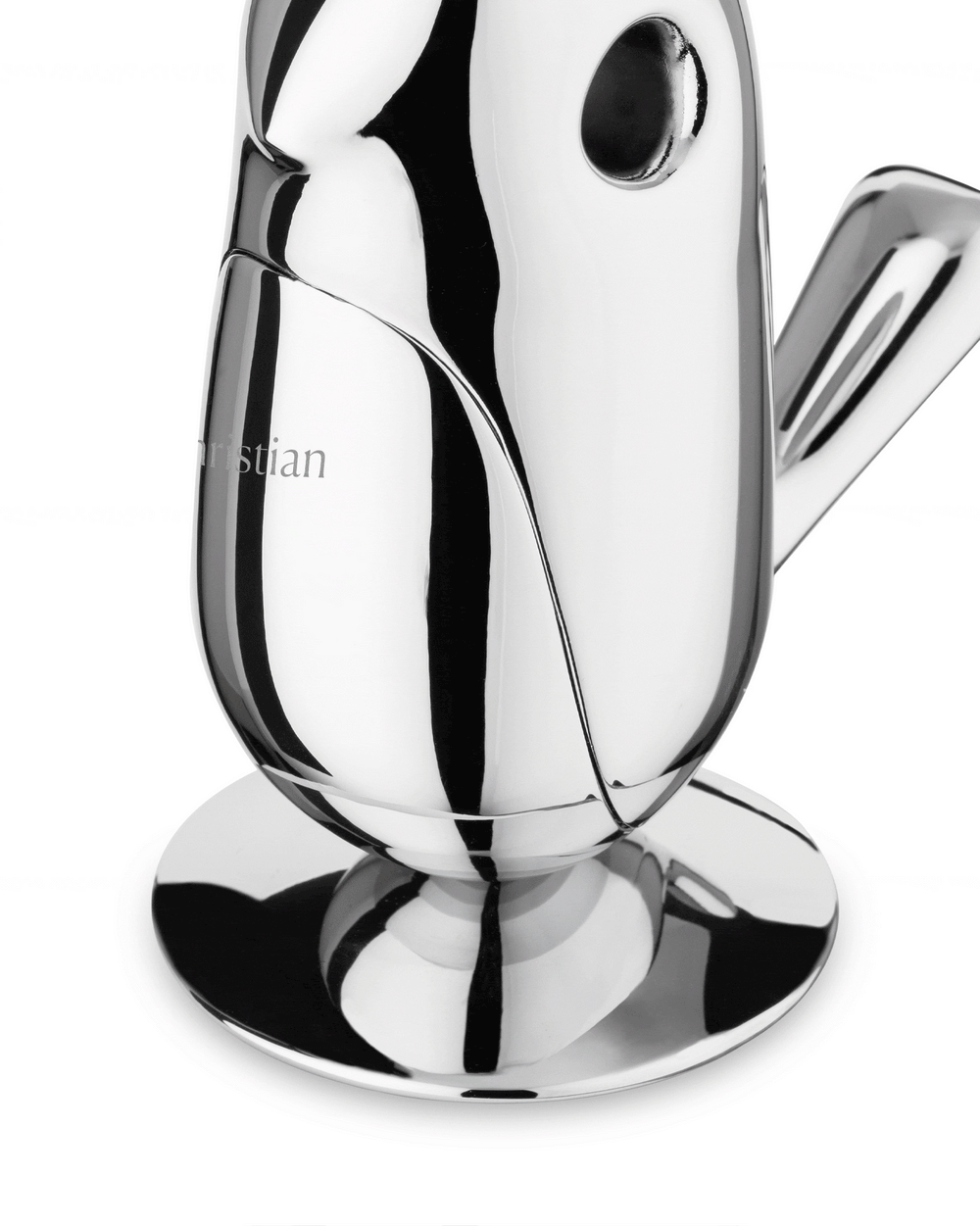 Chrome bird-shaped dispenser by Alessi, featuring a highly reflective surface and a round base.