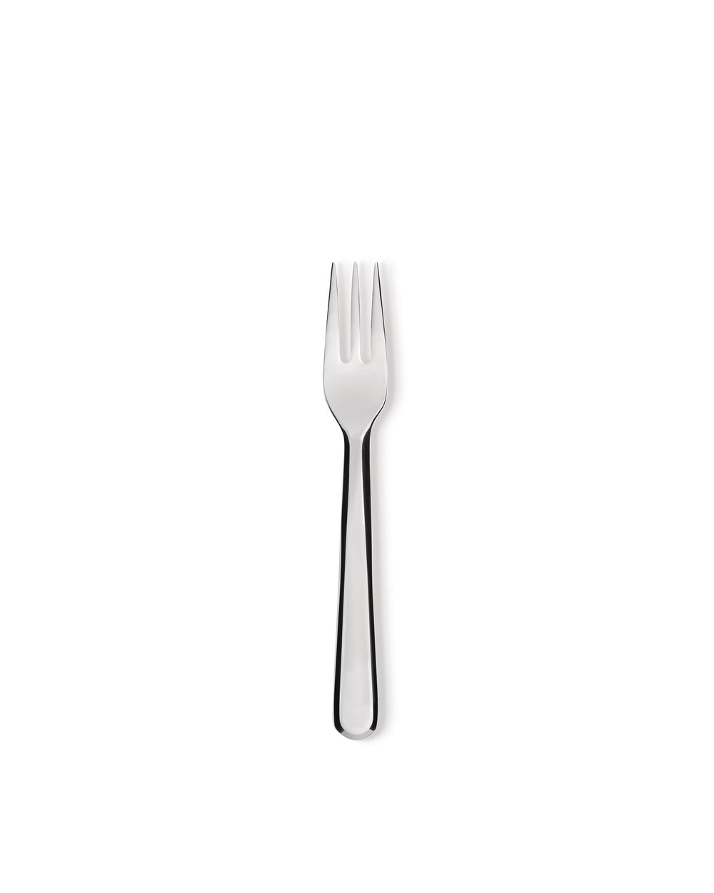 Polished silver fork by Alessi with three tines and a tapered handle, centered on white.