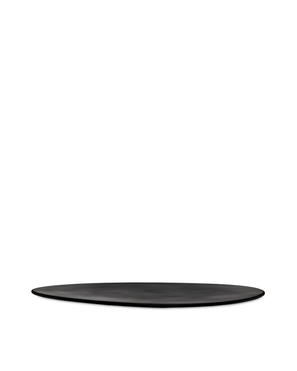 Black oval platter by Alessi with a subtle matte finish and slightly raised edge.