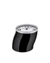 Black glossy alarm clock by Alessi, with a bent cylindrical body, clear top, and white face showing 3, 9, and 12.