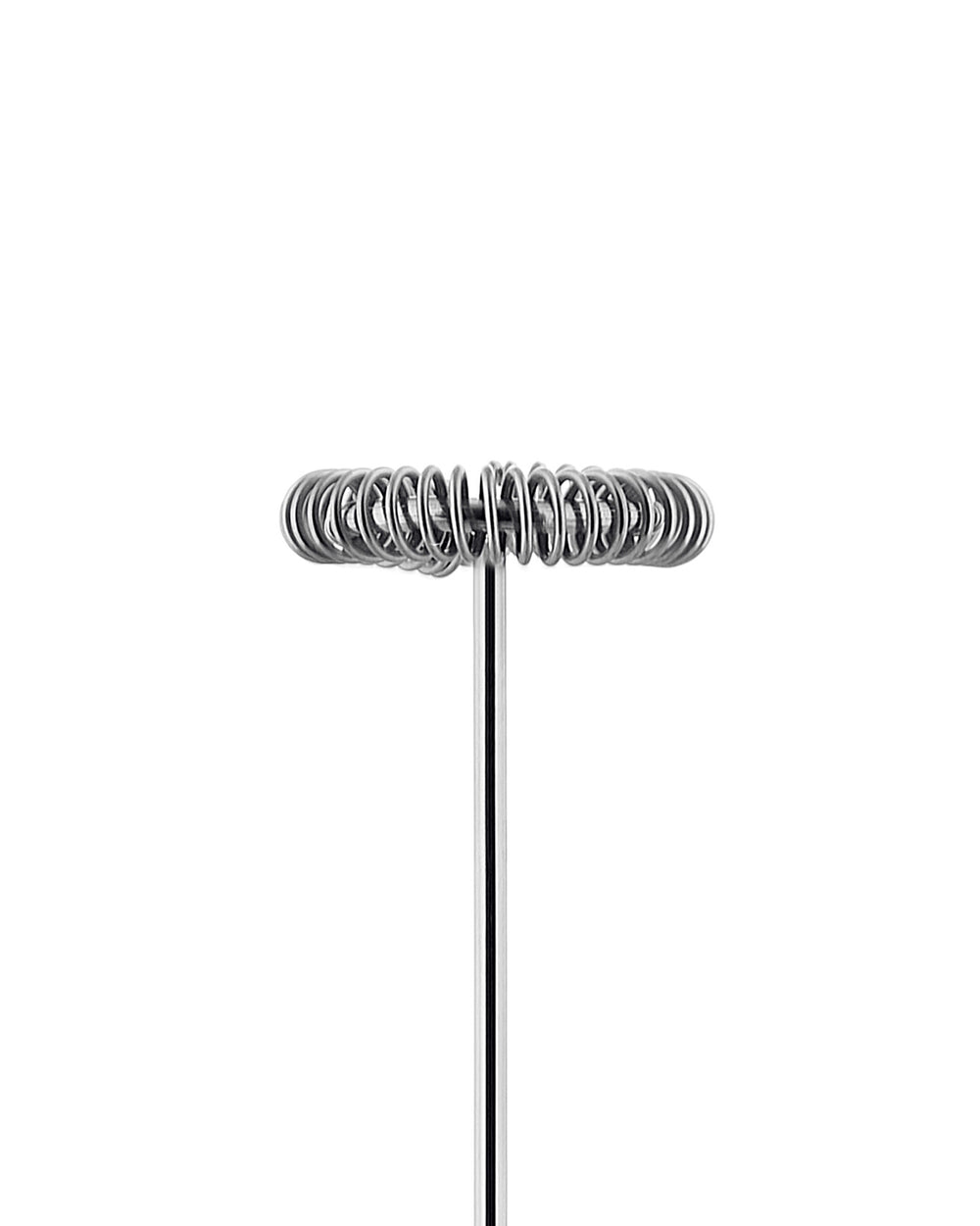 Silver metal milk frother whisk head by Alessi, with multiple concentric spring coils on a thin shaft, centered.
