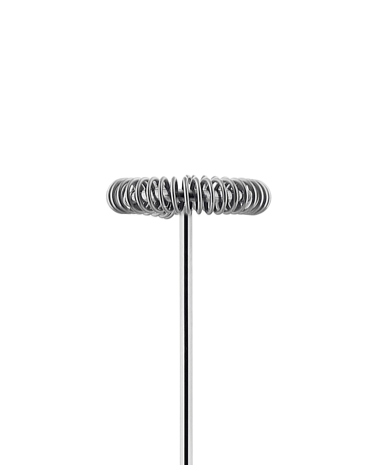 Silver metal milk frother whisk head by Alessi, with multiple concentric spring coils on a thin shaft, centered.