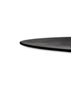 Dark gray matte oval serving platter by Alessi, cropped, showcasing its smooth, gently curved rim.