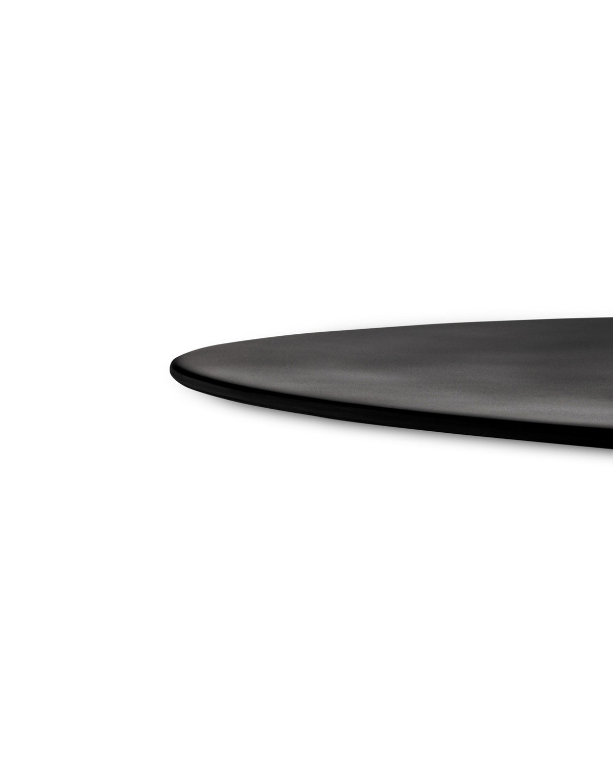 Dark gray matte oval serving platter by Alessi, cropped, showcasing its smooth, gently curved rim.