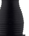 Black, stacked espresso maker by Alessi, with tapered form, textured horizontal ridges, and visible USB-C port.