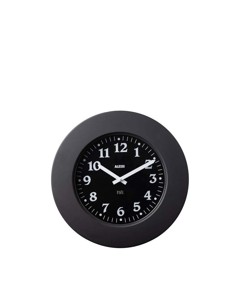 Black round wall clock by Alessi with white numbers and hands on a clean white background.