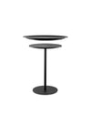 Black round serving tray and stand by Alessi, with side handles and a base featuring a circular top with concentric rings.