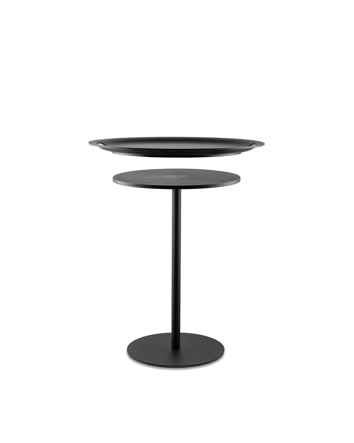 Black round serving tray and stand by Alessi, with side handles and a base featuring a circular top with concentric rings.