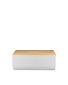 Rectangular white bread bin with a light wooden lid by Alessi, featuring a subtle Alessi engraving.