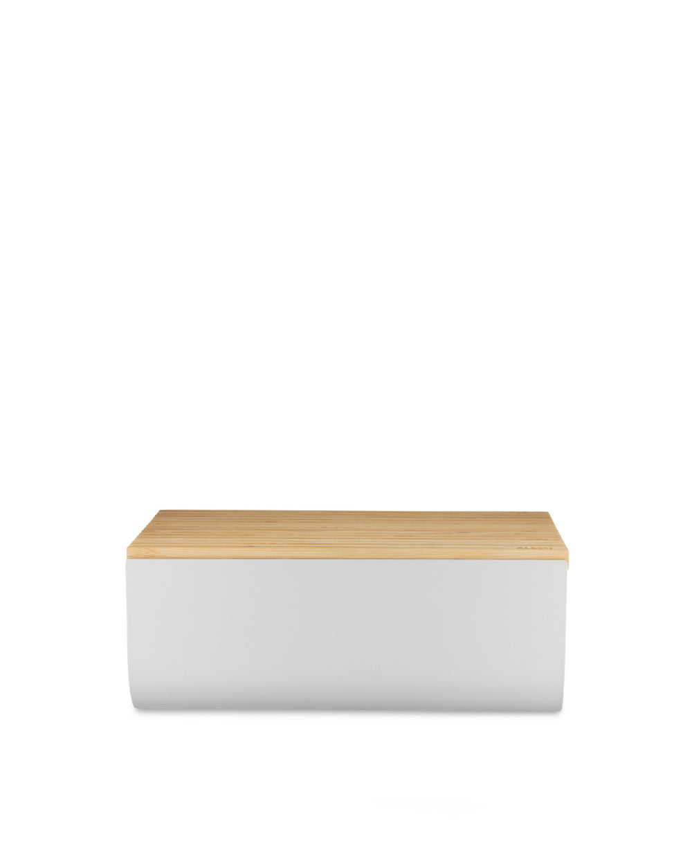 Rectangular white bread bin with a light wooden lid by Alessi, featuring a subtle Alessi engraving.