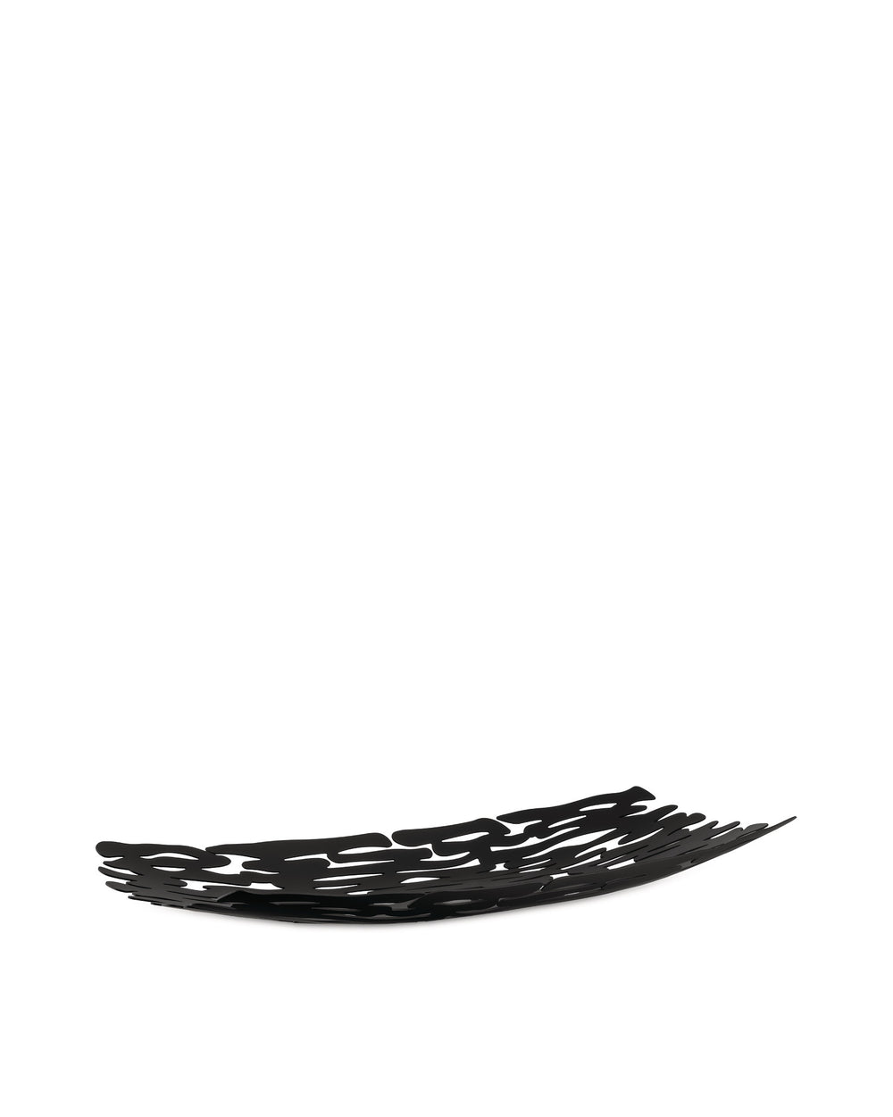 Black decorative bowl by Alessi, featuring an organic bark-like cutout design, presented from a low angle.