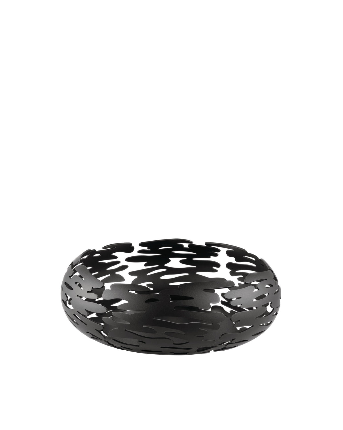 Black metal decorative bowl by Alessi with intricate organic bark-like cutouts, angled view.