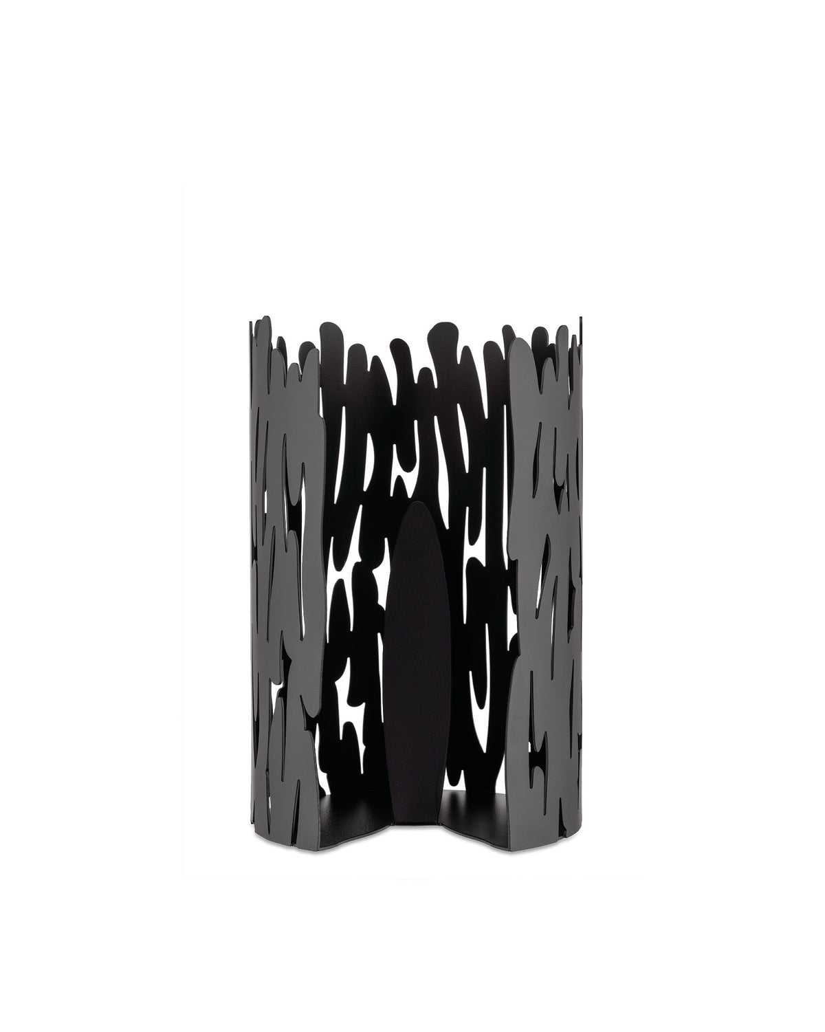 Black metallic decorative holder by Alessi with a vertical bark-like cut-out pattern on a white background.