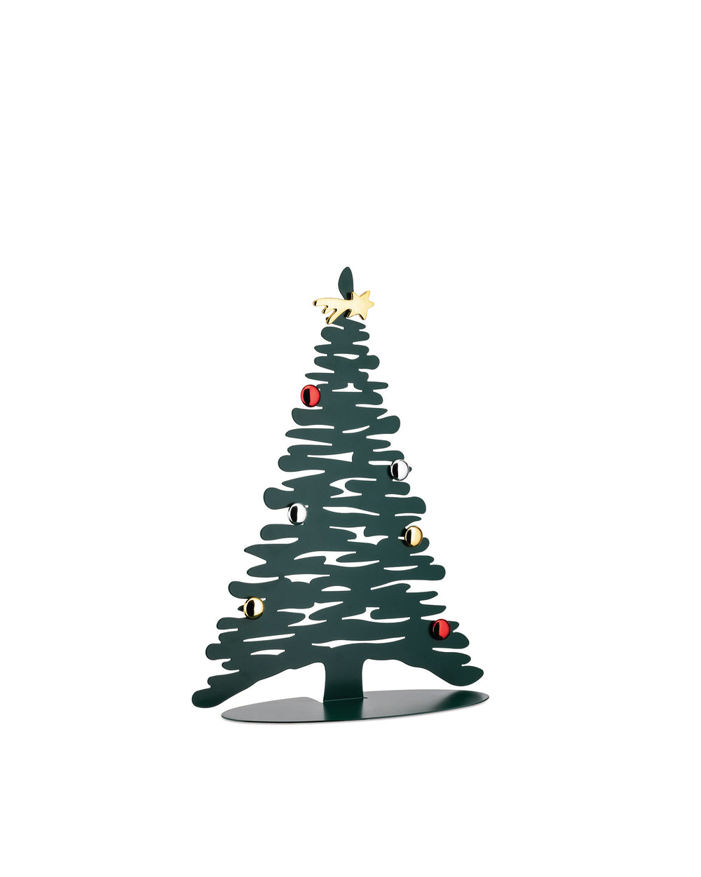 Dark green metal decorative Christmas tree by Alessi with a golden star and colorful round ornaments.