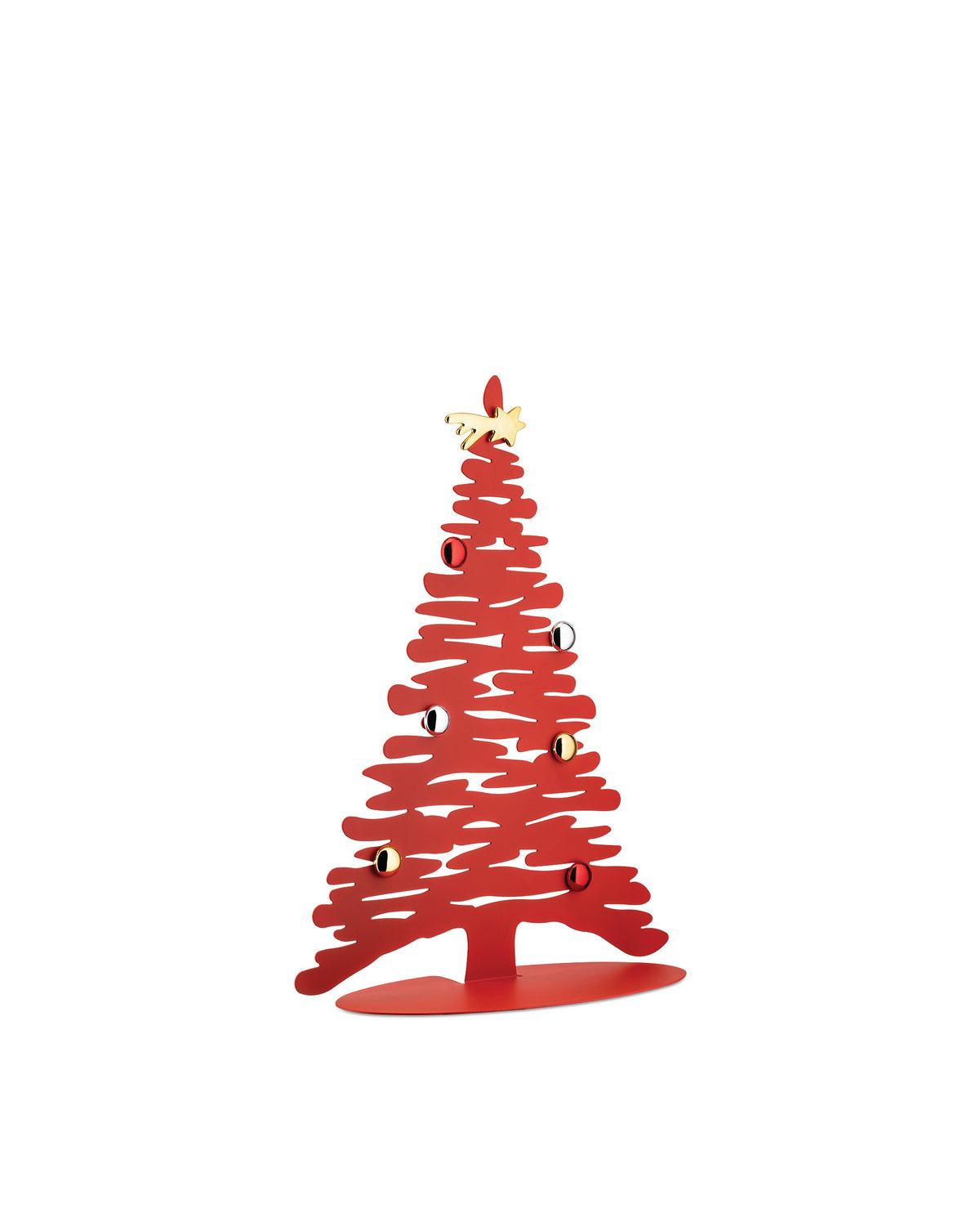 Red metal abstract Christmas tree by Alessi with a golden star topper and four small red, silver, and gold spherical ornaments.