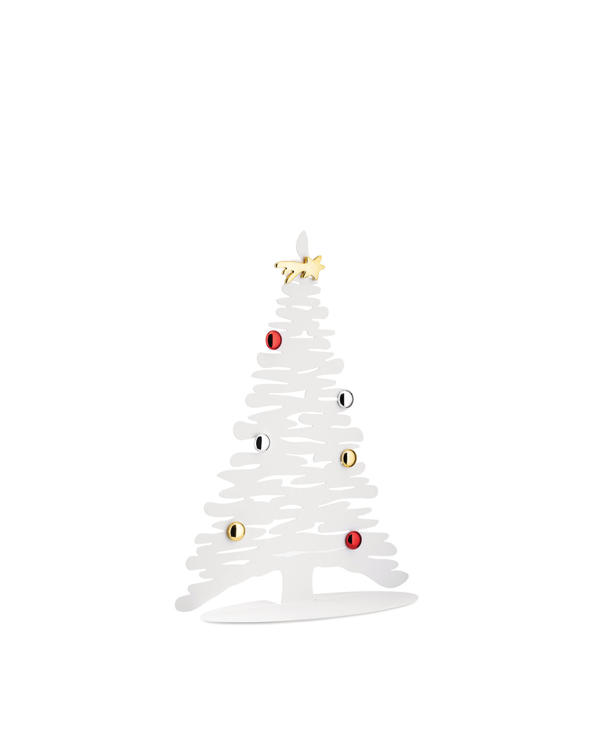 White decorative Christmas tree by Alessi with red, silver, and gold ball ornaments, and a golden star topper.