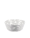 White decorative basket by Alessi with an abstract cut-out pattern on a white background.