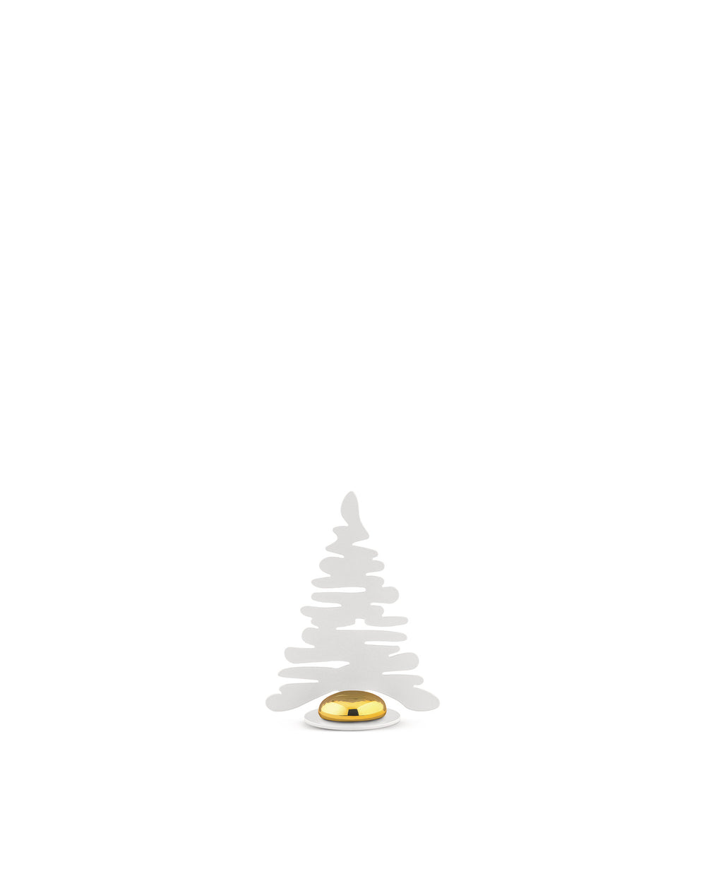 White modern Christmas tree by Alessi featuring a shiny golden dome on a small disc.