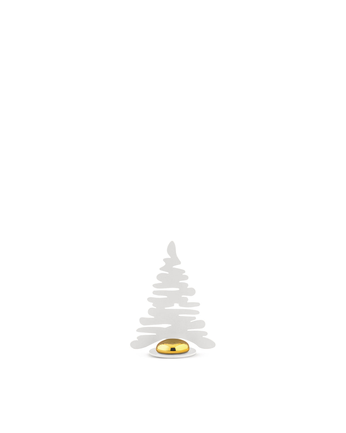 White modern Christmas tree by Alessi featuring a shiny golden dome on a small disc.
