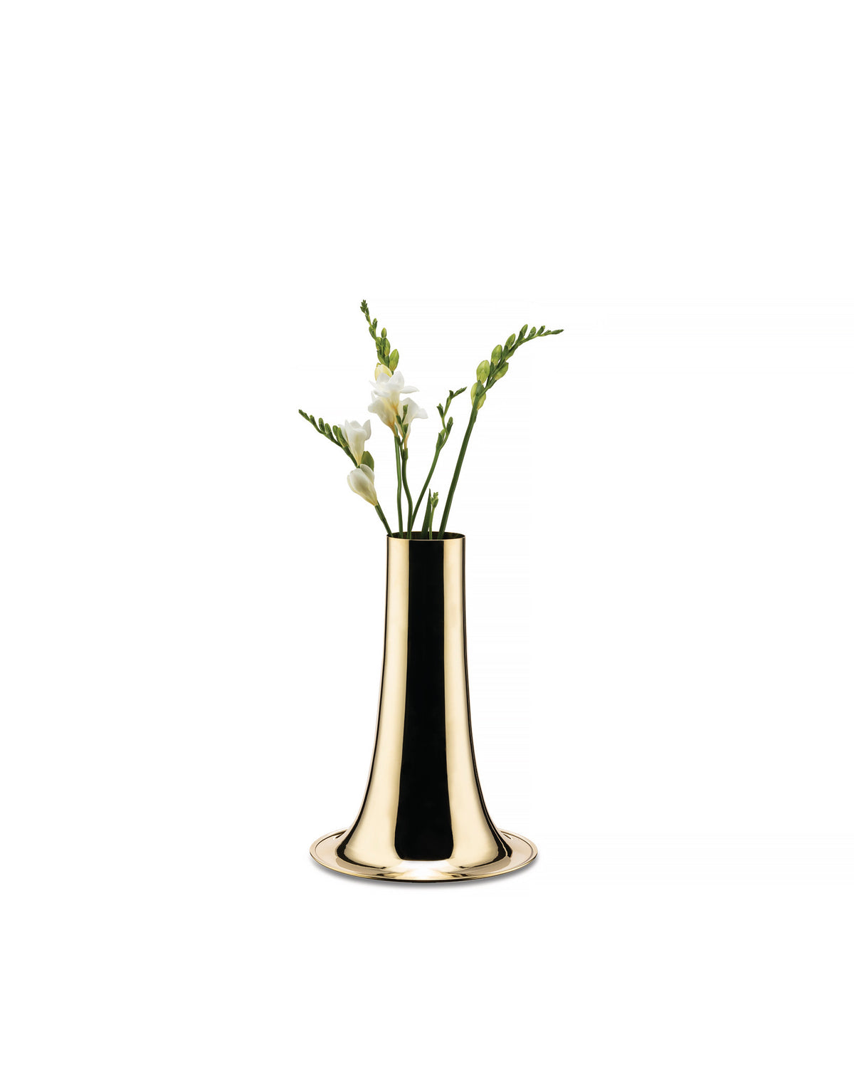 Golden trumpet-shaped vase by Alessi, holding white freesia flowers and green buds.