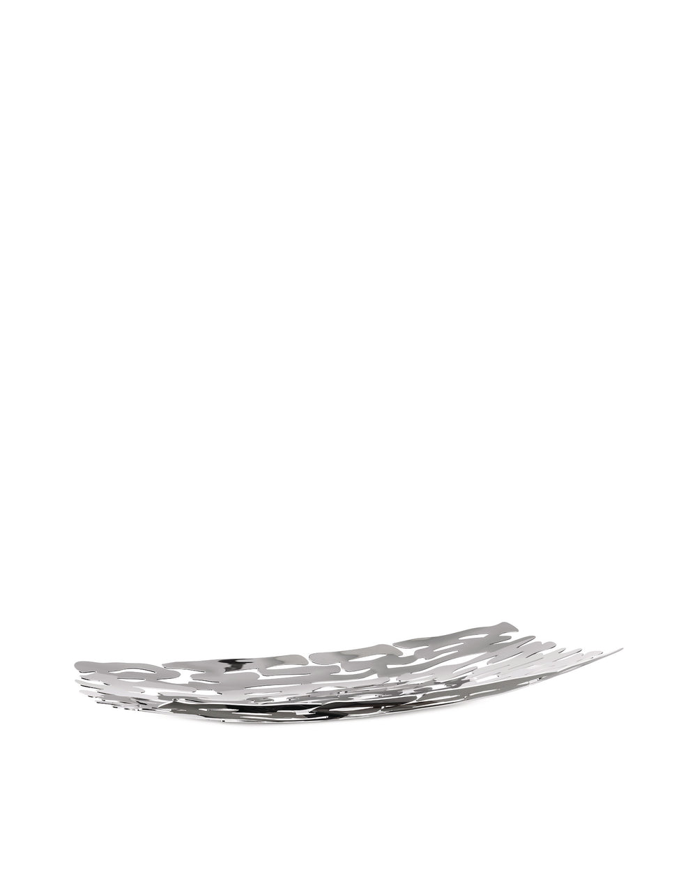 Silver metal decorative bowl by Alessi with an irregular, organic cut-out pattern, shown from an angle.