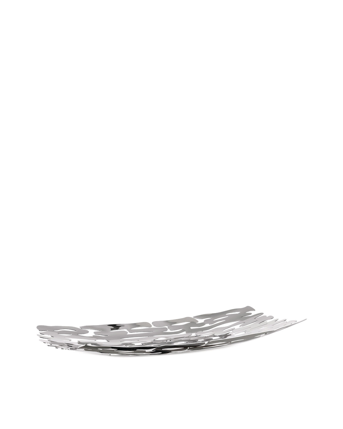 Silver metal decorative bowl by Alessi with an irregular, organic cut-out pattern, shown from an angle.