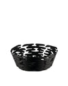 Black decorative metal basket by Alessi with an organic, bark-like cut-out design.