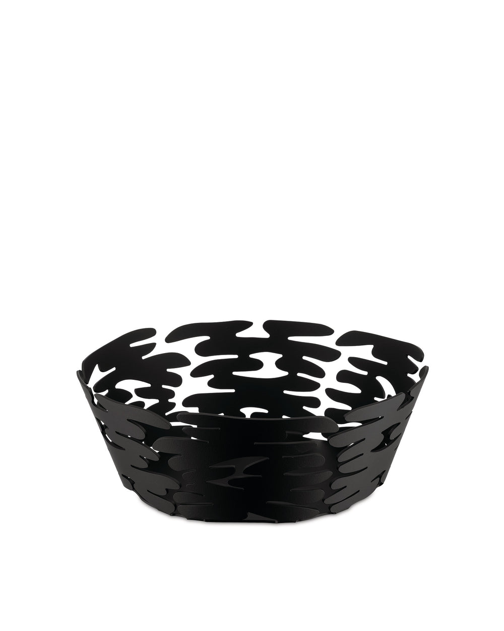 Black decorative metal basket by Alessi with an organic, bark-like cut-out design.