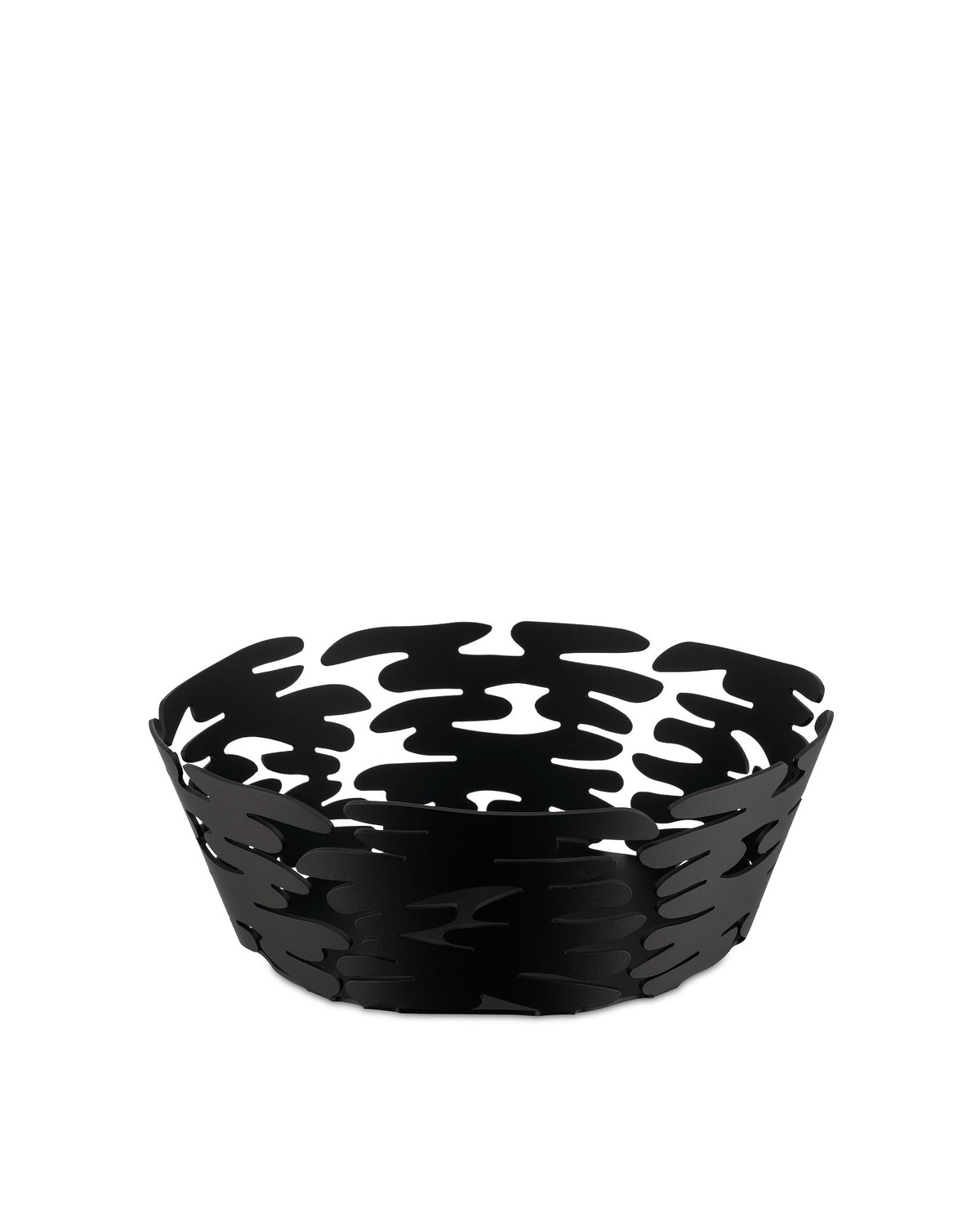 Black decorative metal basket by Alessi with an organic, bark-like cut-out design.