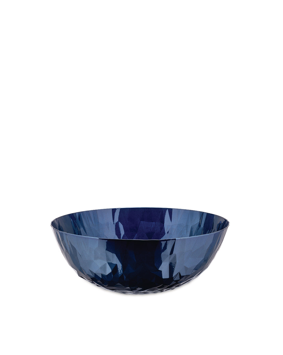 A deep blue faceted bowl by Alessi with a geometric, crumpled texture.