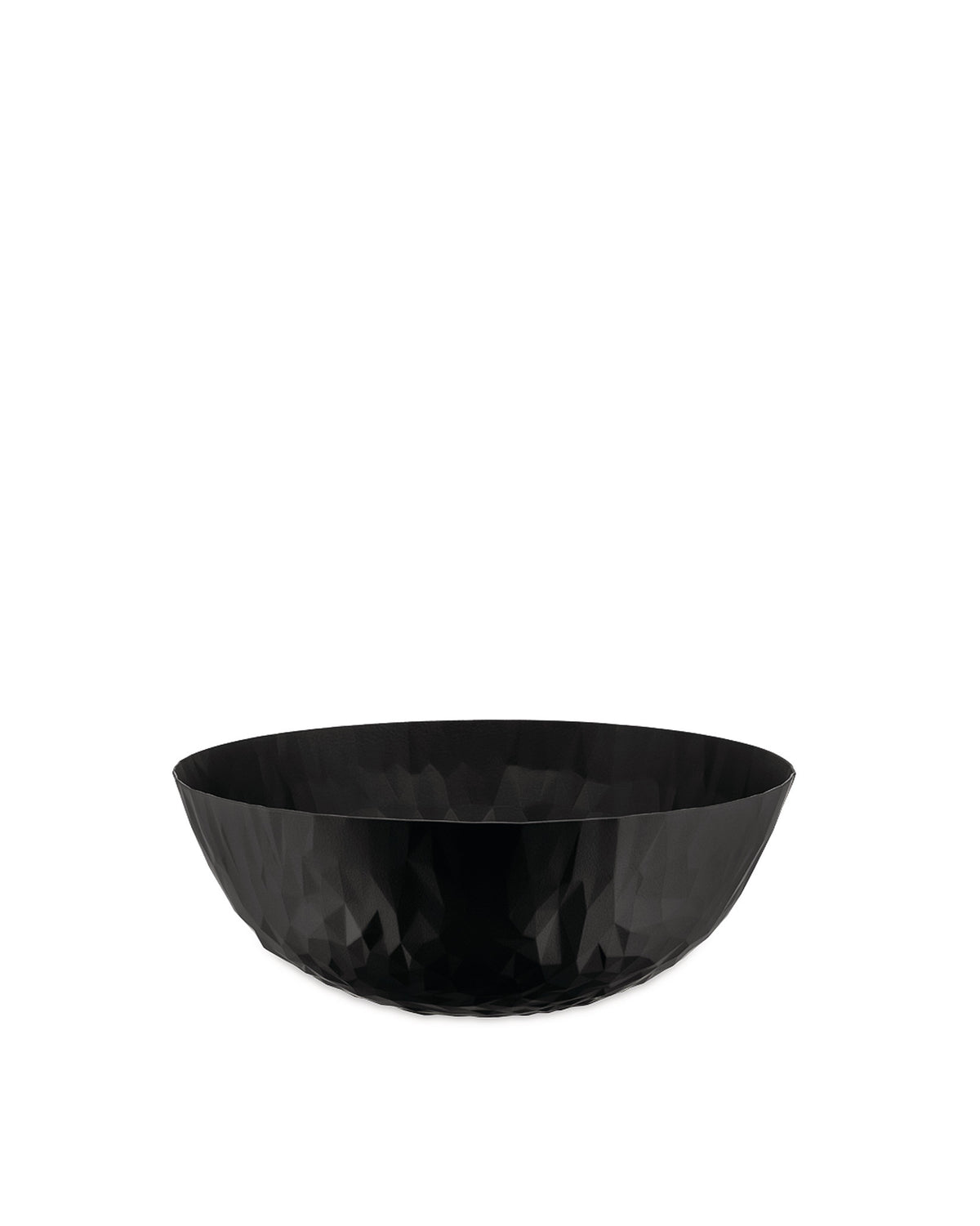 Black faceted bowl by Alessi with a wide, shallow geometric surface.