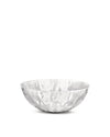 Clear faceted bowl by Alessi with a geometric pattern, side view.