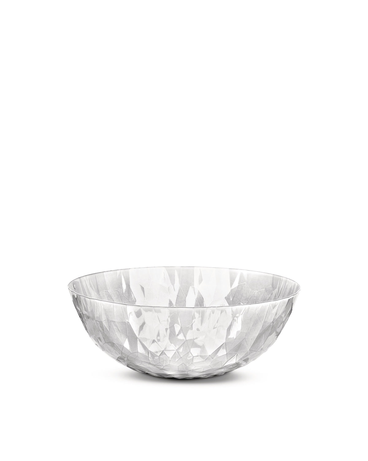 Clear faceted bowl by Alessi with a geometric pattern, side view.