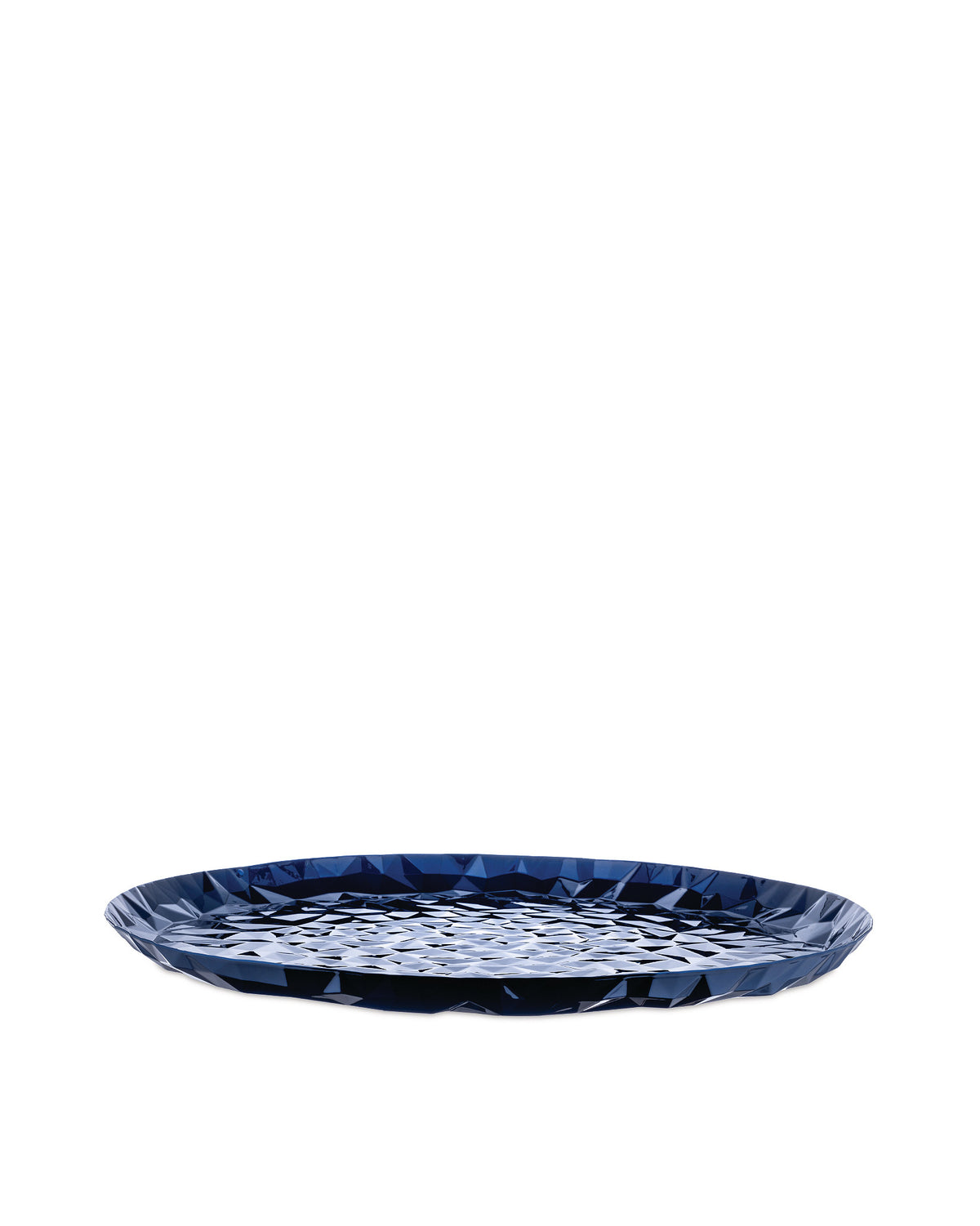 Dark blue faceted tray by Alessi with a geometric, reflective surface, isolated on white.