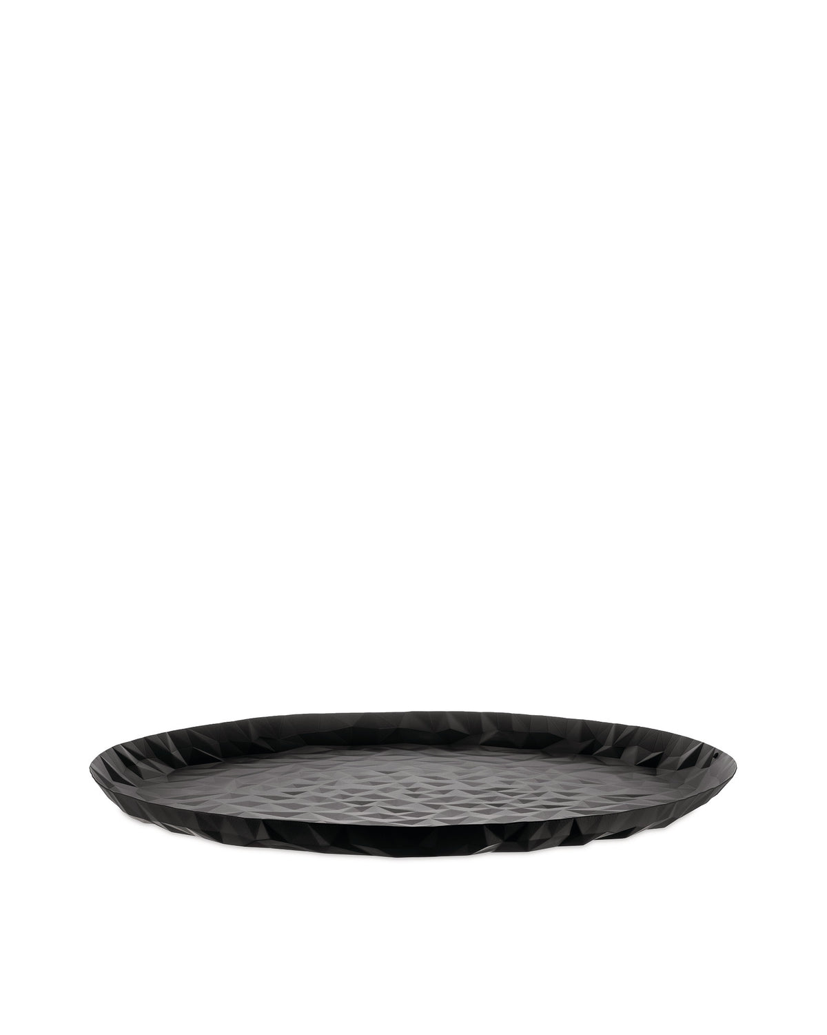 Black oval tray by Alessi, featuring a faceted geometric pattern, shown at a slight angle.