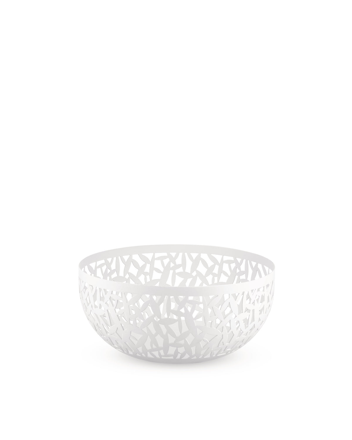 White fruit bowl by Alessi with an intricate cutout cactus leaf pattern.