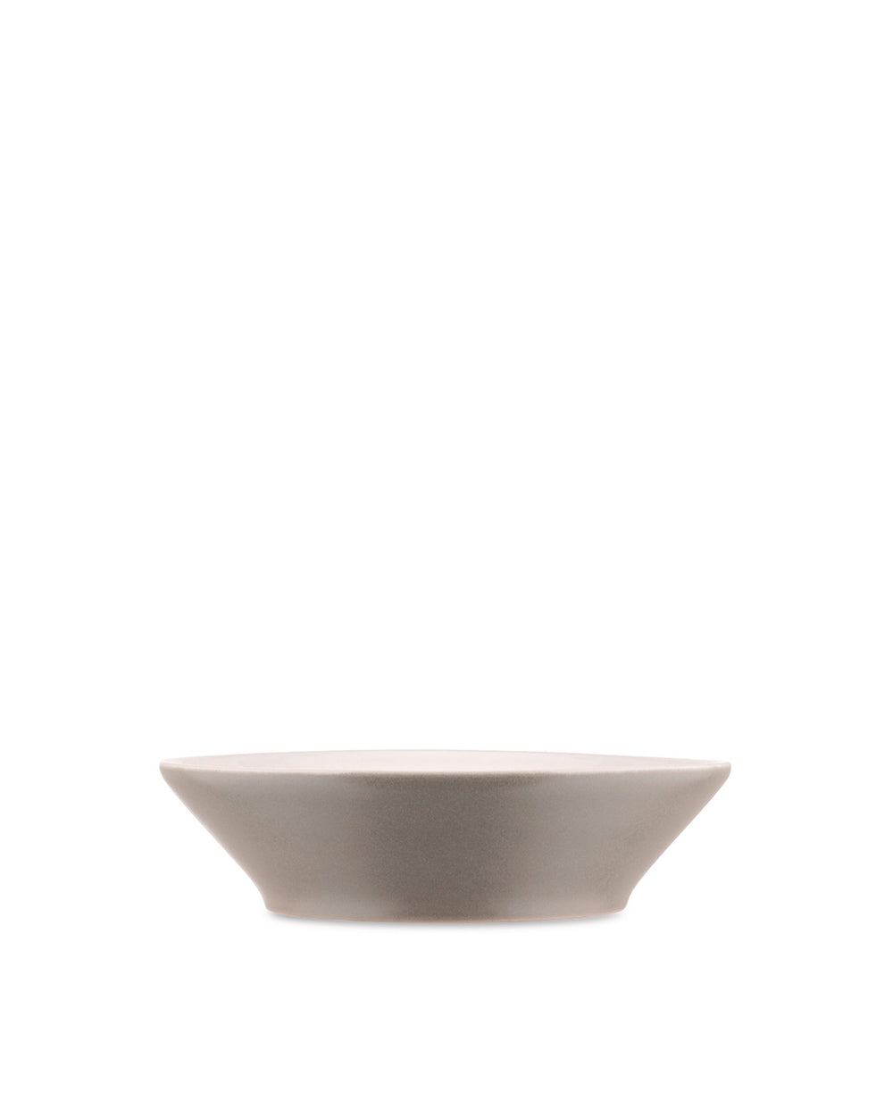 Shallow, matte taupe ceramic bowl by Alessi with flared sides, presented from a side angle.