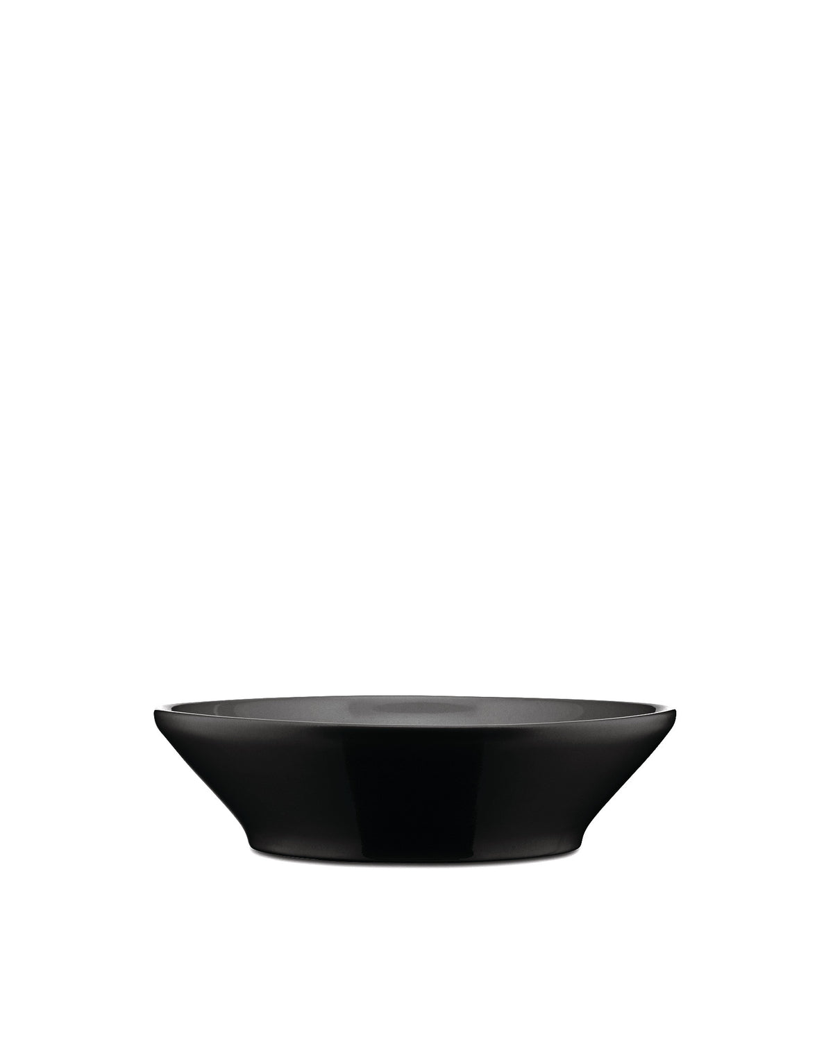 Glossy black bowl by Alessi, with a wide, shallow design and smooth finish, shown from a front angle.