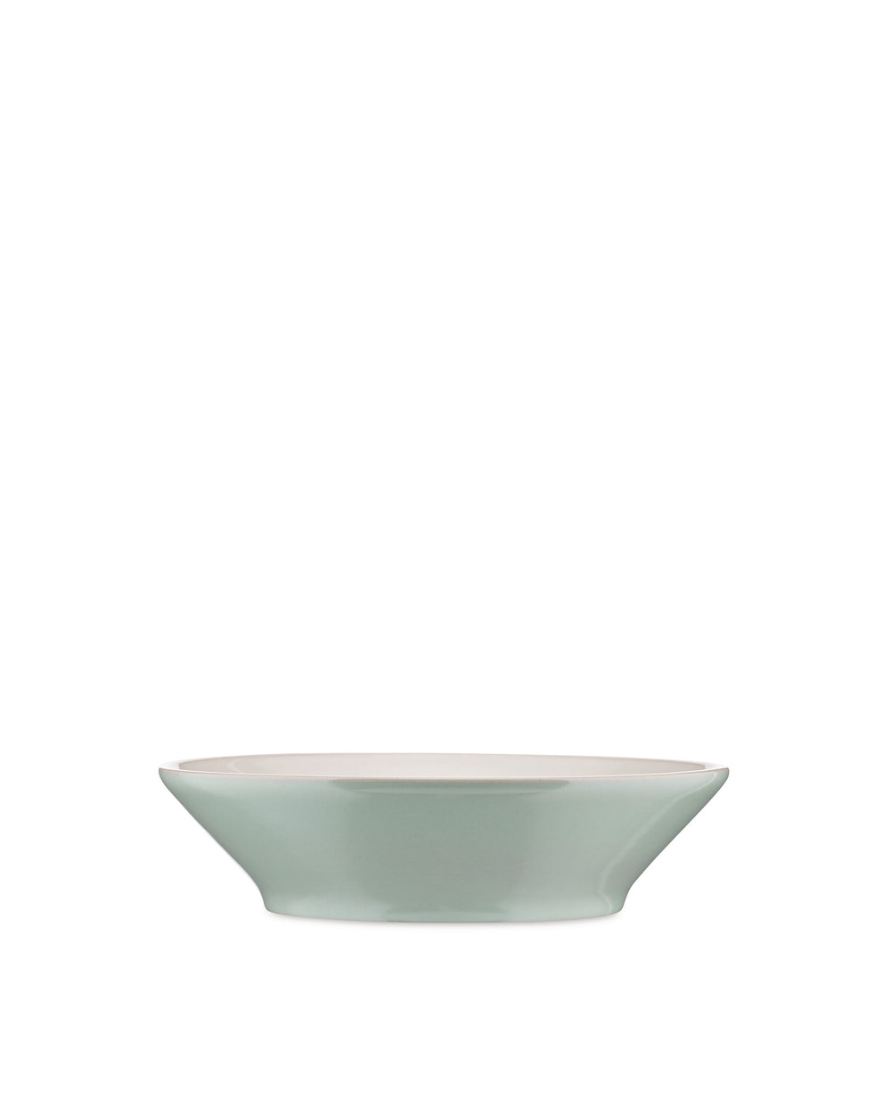 Light green ceramic bowl by Alessi with a wide rim and cream interior, shown from a side view.