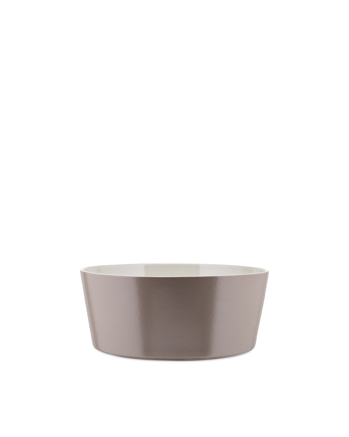 Smooth taupe Tonale collection bowl by Alessi with a crisp white interior, shown from the front.