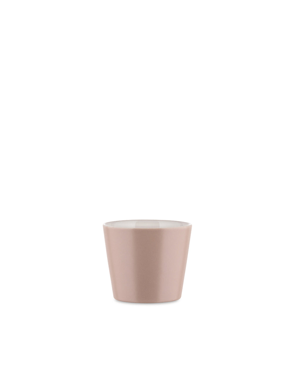 Dusty rose tapered cup by Alessi with a smooth matte finish and white interior.