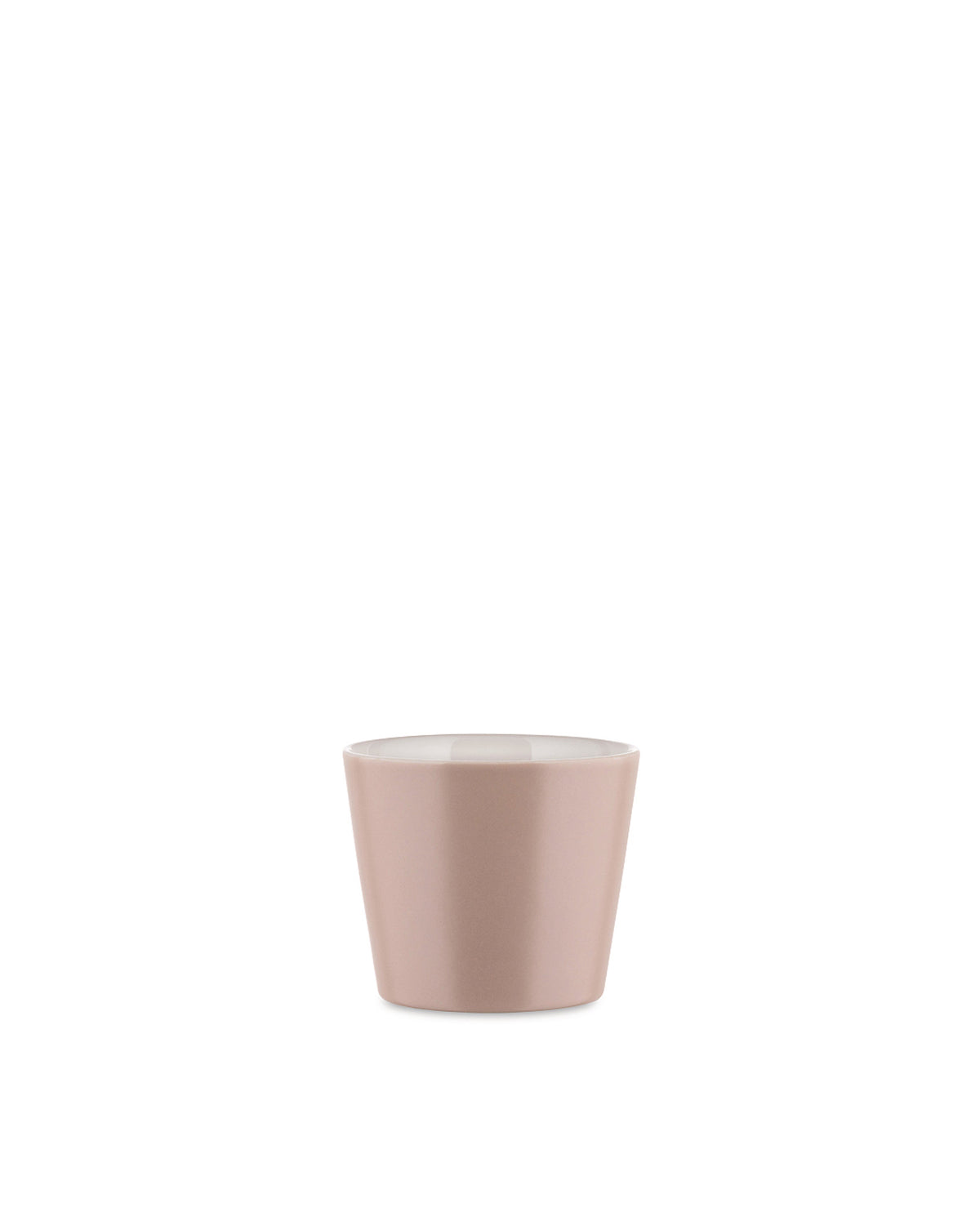 Dusty rose tapered cup by Alessi with a smooth matte finish and white interior.