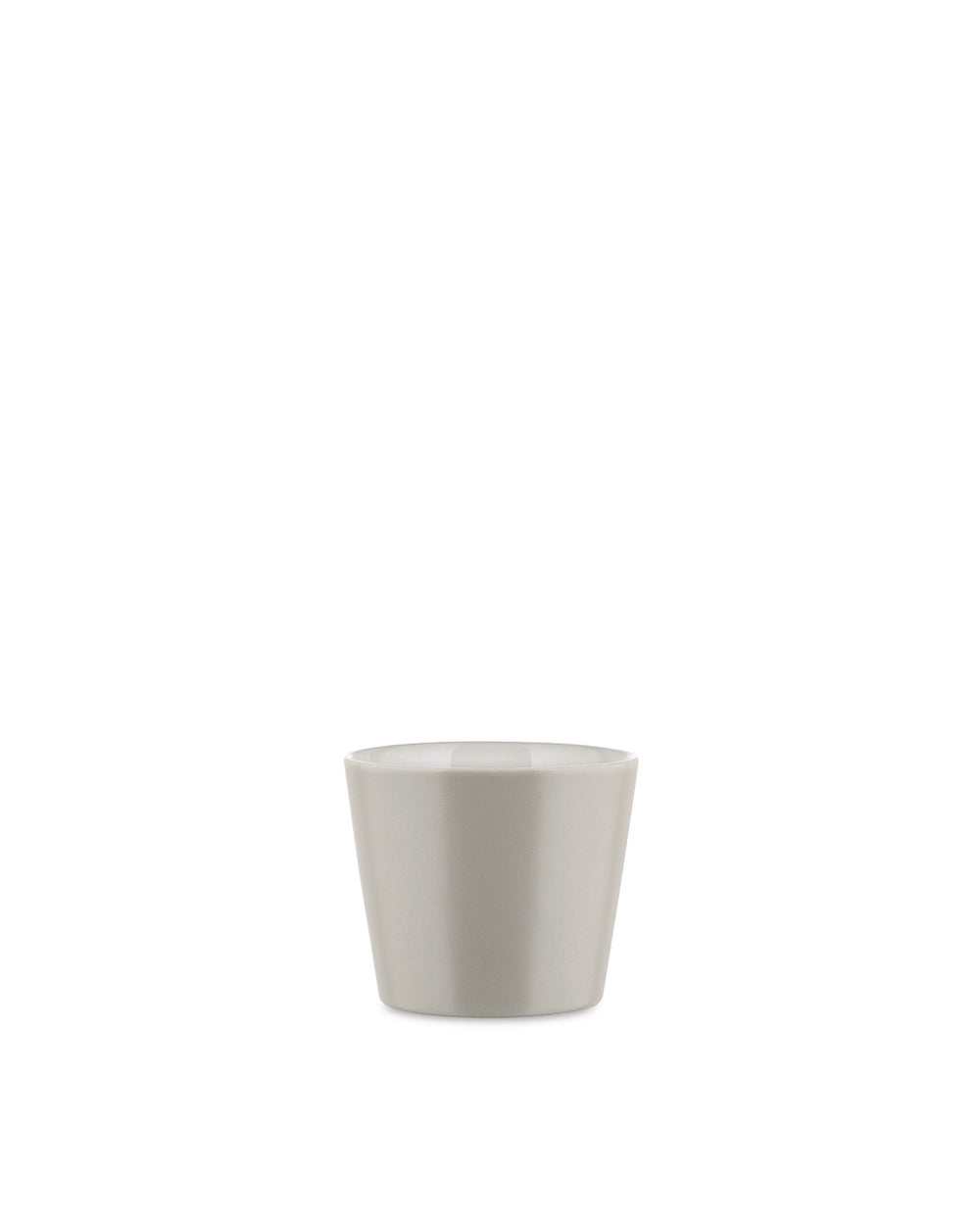 Light grey ceramic cup by Alessi with a simple, modern design, front view.
