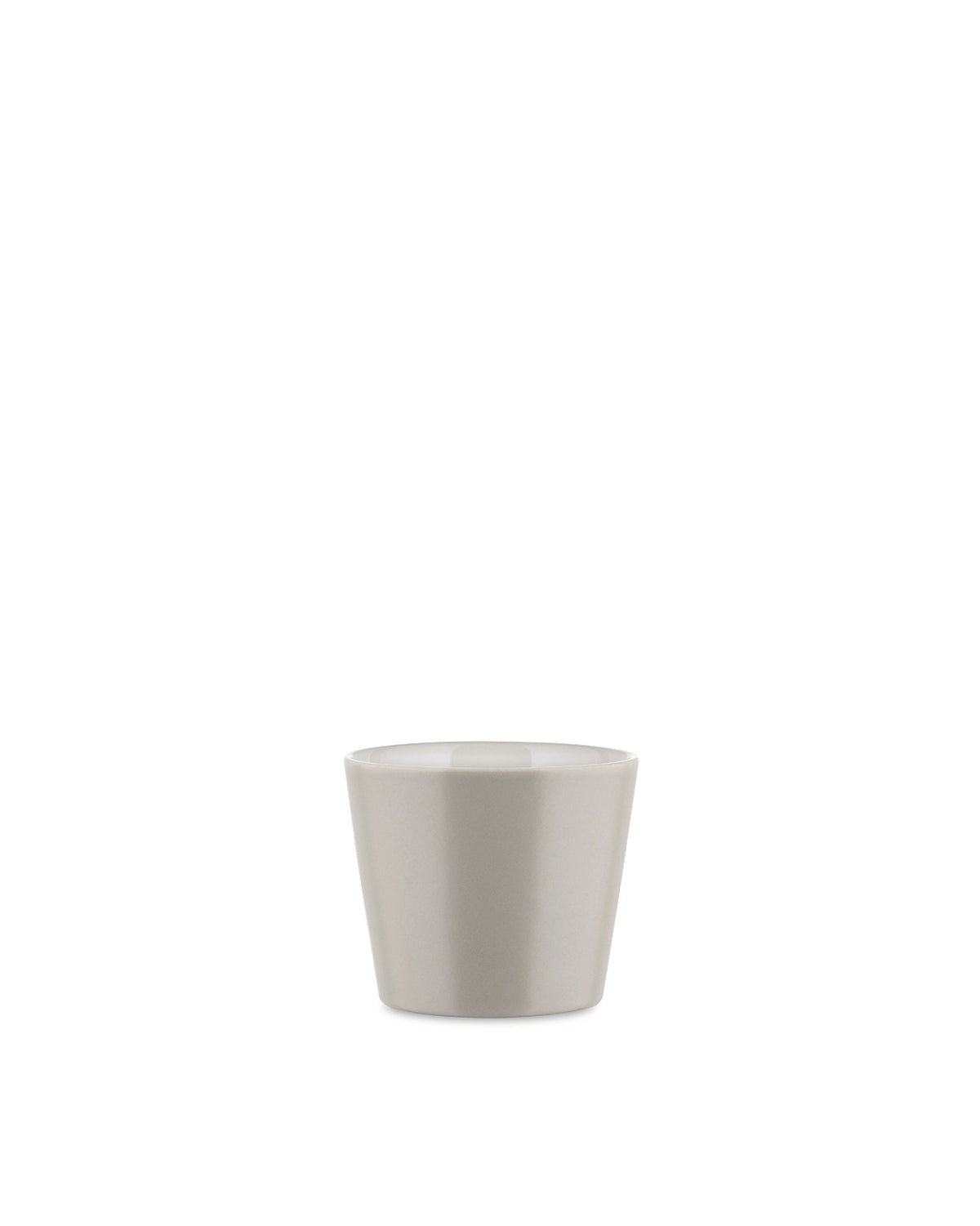 Light grey ceramic cup by Alessi with a simple, modern design, front view.
