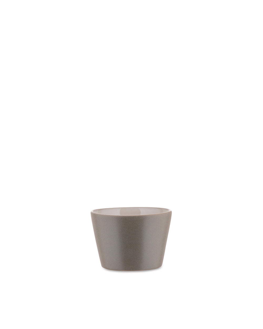 Small taupe bowl by Alessi, featuring a conical shape, wider rim, and light beige interior.